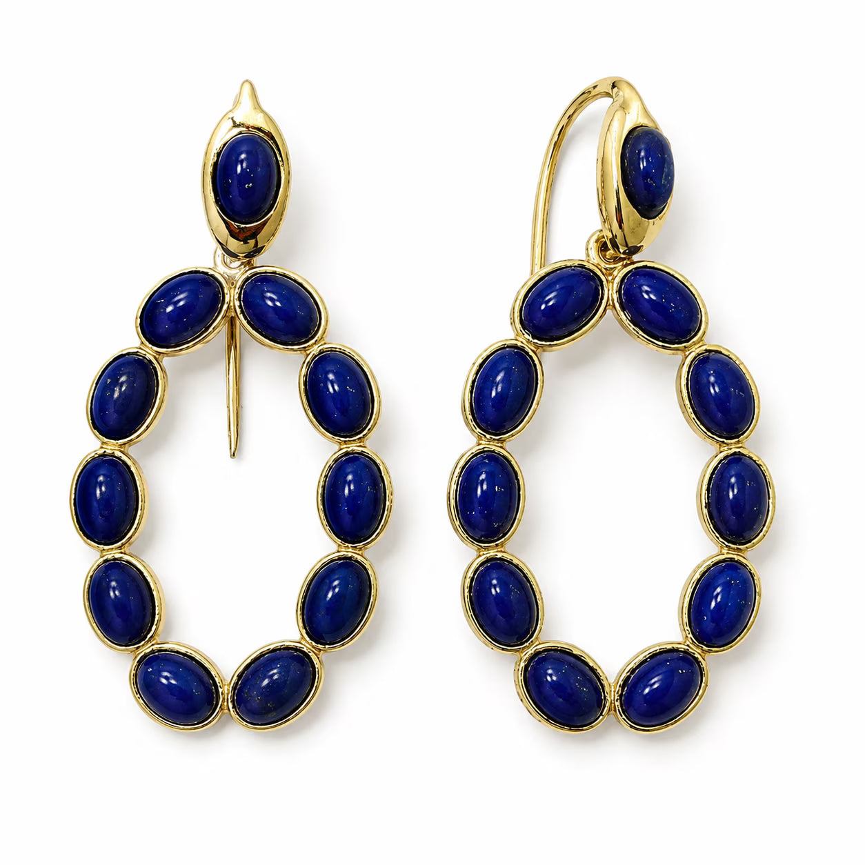 Naušnice srebrne s pozlatom i lapis lazulijem, sa štift kopčanjem, dimenzija 4,5 × 2 cm.