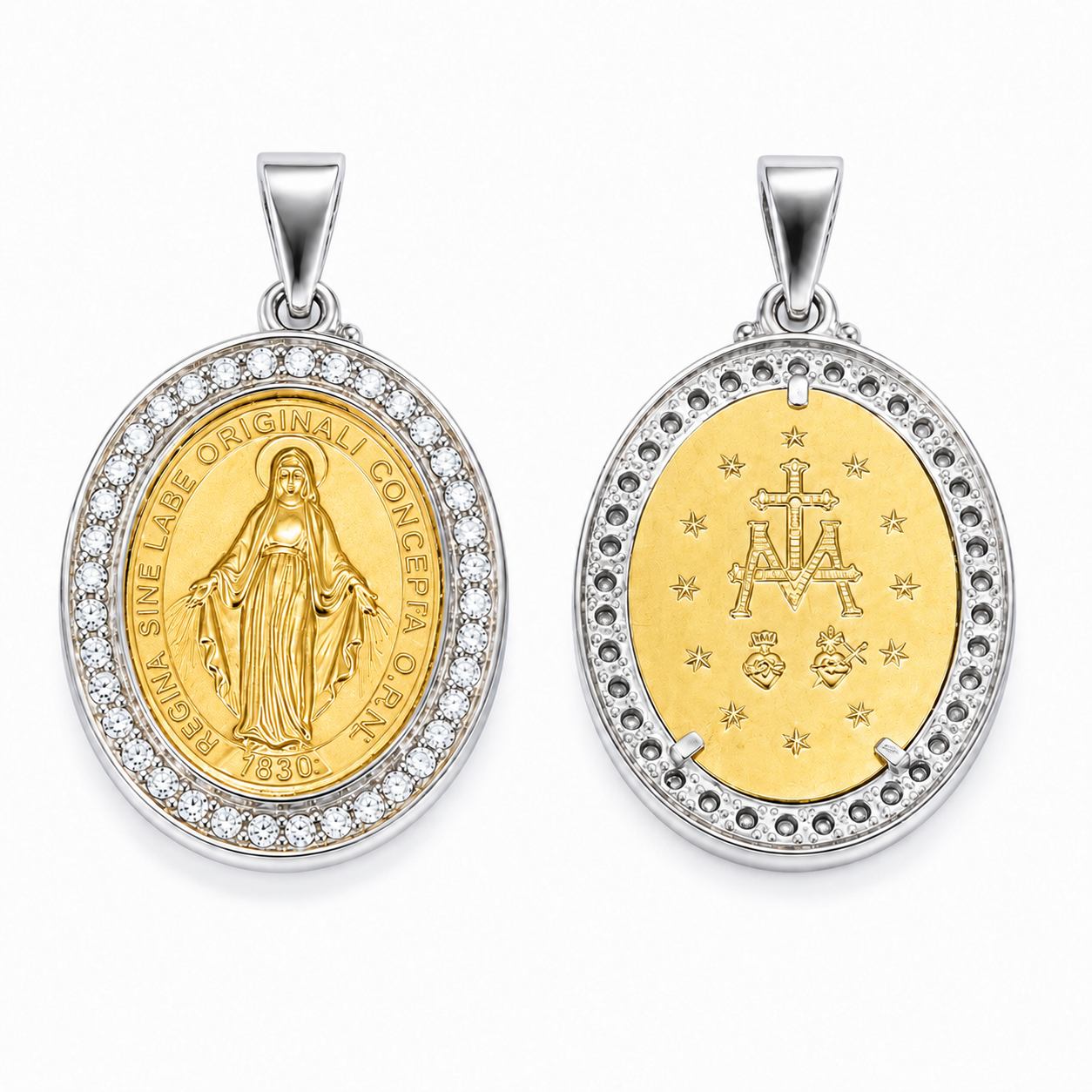 Privjesak medaljon od zlata 14KT u višebojnom tonu s cirkonima, dimenzije 3 cm x 1.5 cm.