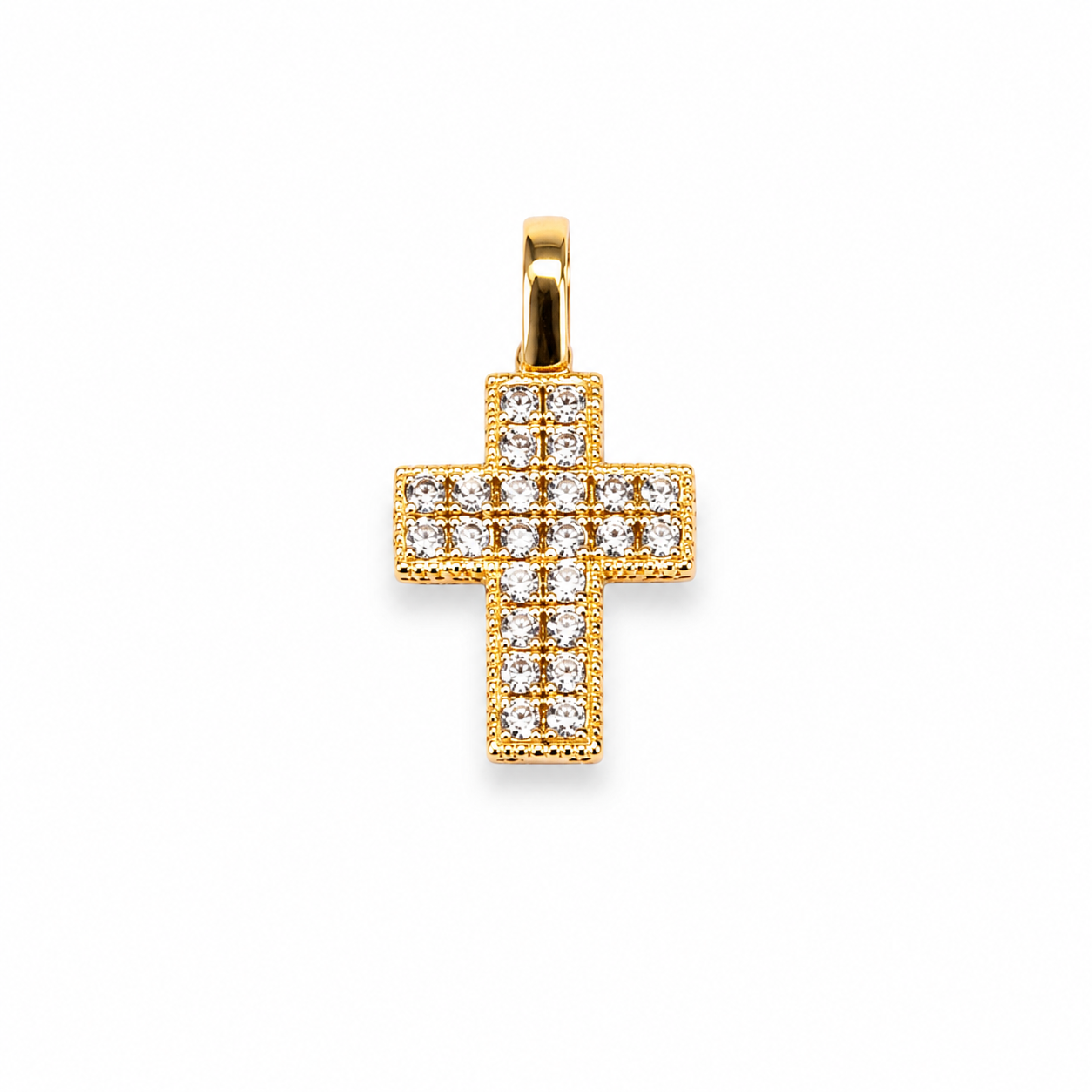 Privjesak križ od zlata 14KT u žutom tonu s cirkonima, dimenzije 1.5 cm x 1 cm.