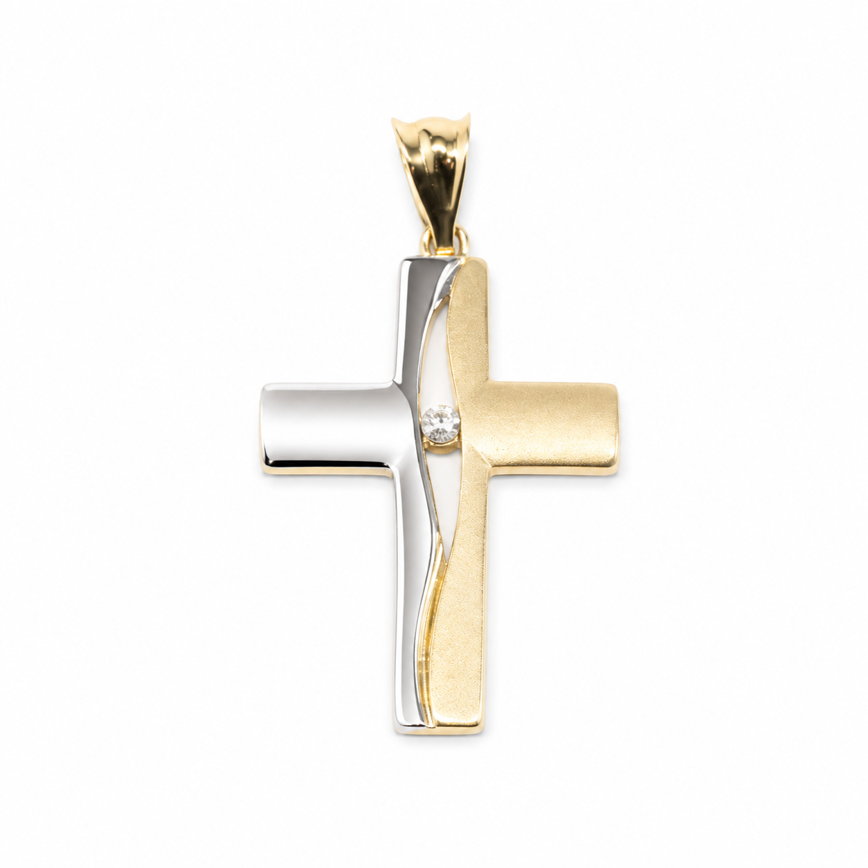 Privjesak križ od zlata 14KT u višebojnom tonu s cirkonom, dimenzije 2.5 cm x 1.5 cm.