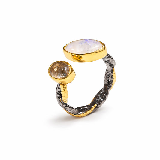 Prsten srebrni otvoreni s pozlatom, mjesečevim kamenom i citrinom DWP265
