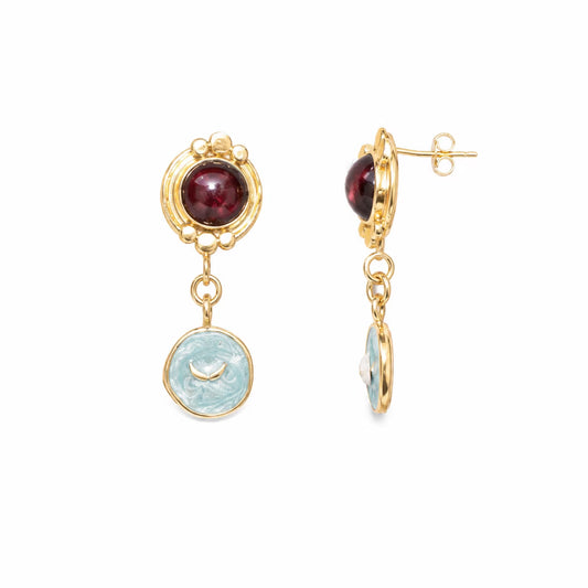 Naušnice srebrne s pozlatom, granatom i emajlom