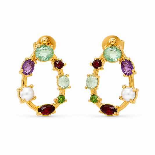 Gold-plated silver earrings with semi-precious stones - stud fastening 3 × 1 cm
