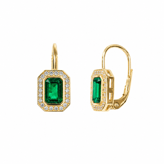 14KT gold earrings with cubic zirconia and emerald, 1.5 cm