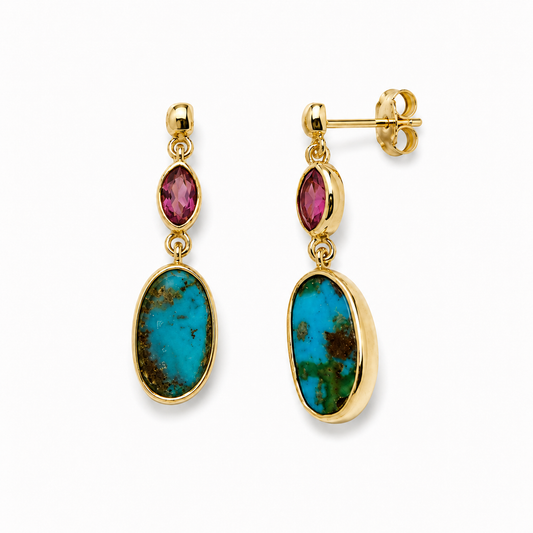Naušnice srebrne s pozlatom, tirkizom i roza turmalinom, sa štift kopčanjem, dužine 3,5 cm.