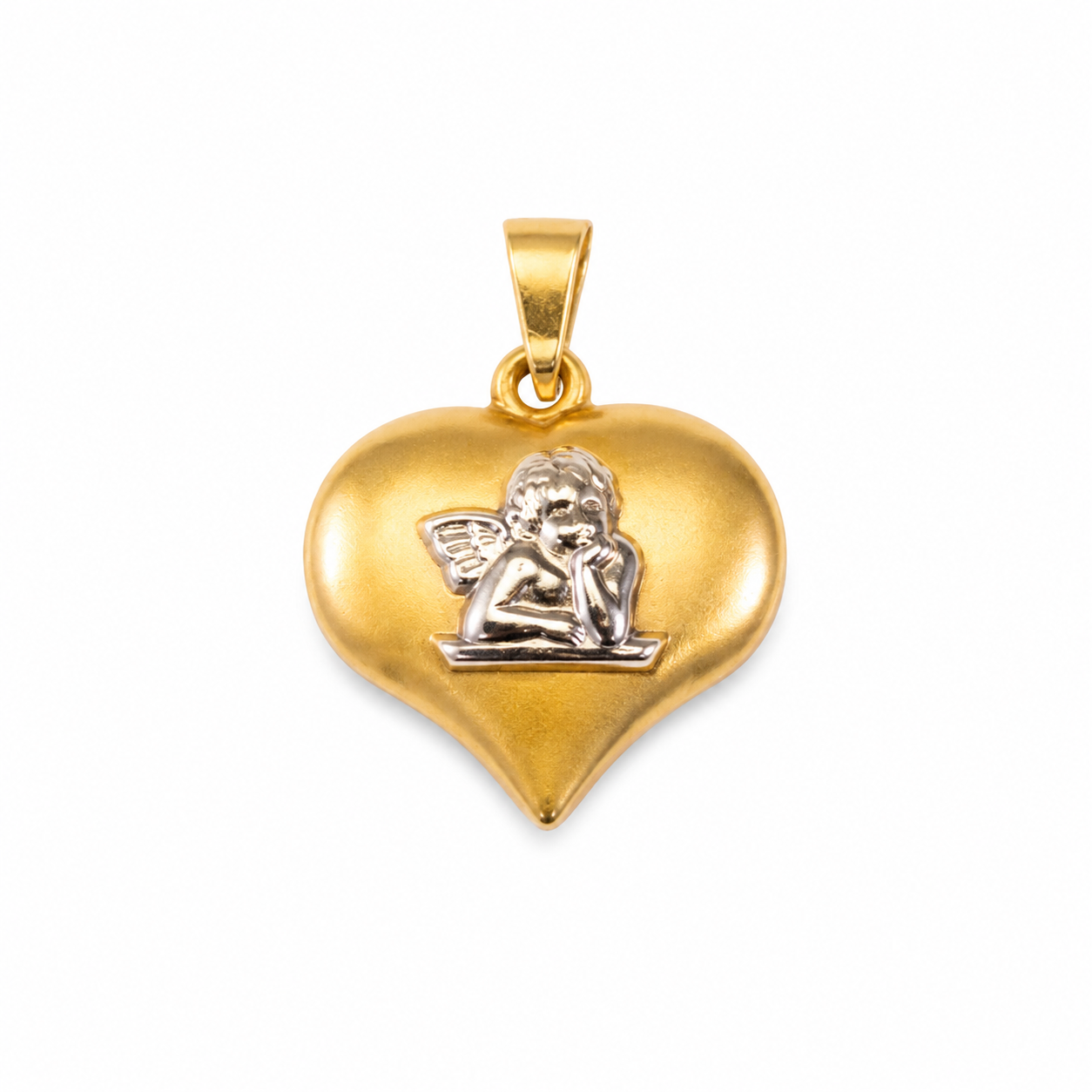 Privjesak srce od zlata 14KT u višebojnom tonu s anđelom, dimenzije 1.5 cm x 1.5 cm.