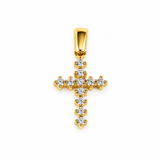 Privjesak križ od zlata 14KT u žutom tonu s cirkonima, dimenzije 1.5 cm x 1 cm.