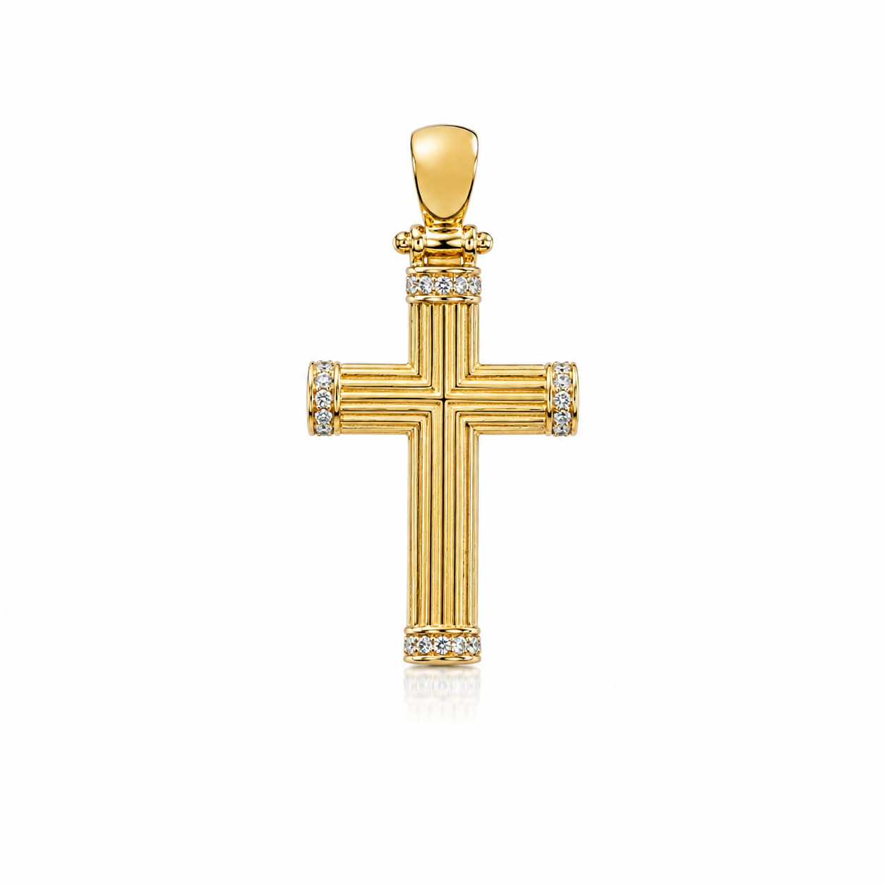 Privjesak križ od zlata 14KT u žutom tonu s cirkonima, dimenzije 3 cm x 1.5 cm.
