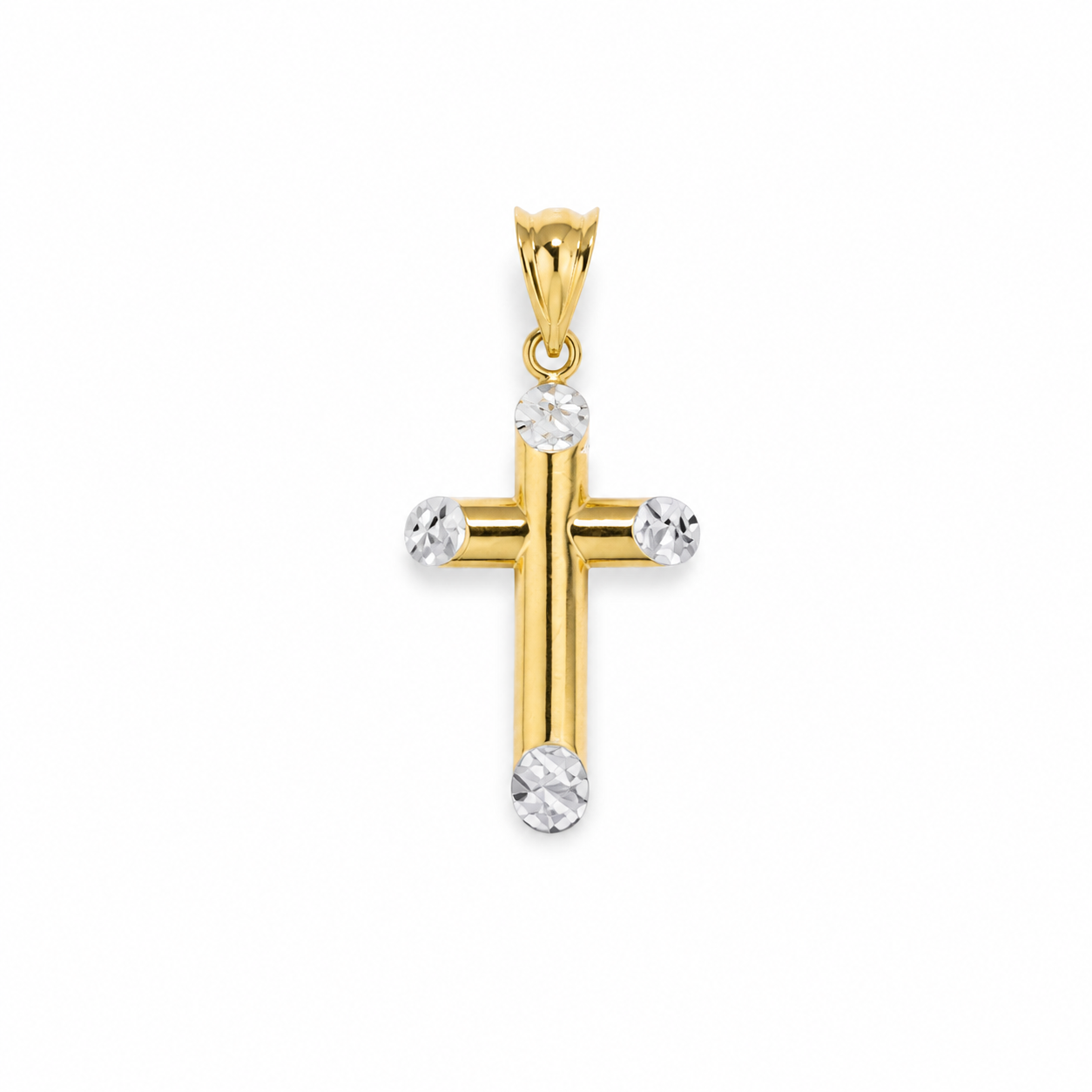 Privjesak križ od zlata 14KT u višebojnom tonu, dimenzije 2 cm x 1 cm.