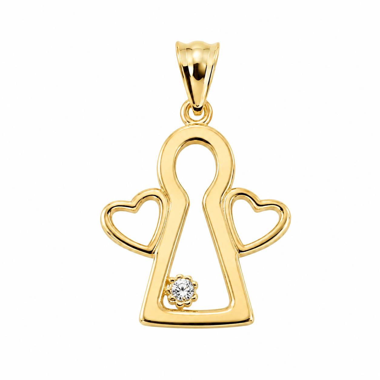 Privjesak anđeo od zlata 14KT u žutom tonu s cirkonom, dimenzije 1.5 cm x 1.5 cm.