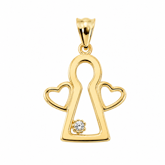 Privjesak anđeo od zlata 14KT u žutom tonu s cirkonom, dimenzije 1.5 cm x 1.5 cm.