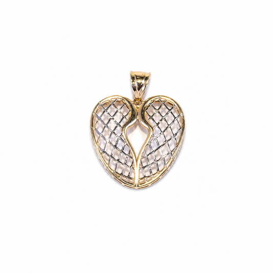 Privjesak srce od zlata 14KT u višebojnom tonu s mrežastim dizajnom, dimenzije 2.5 cm x 2 cm.