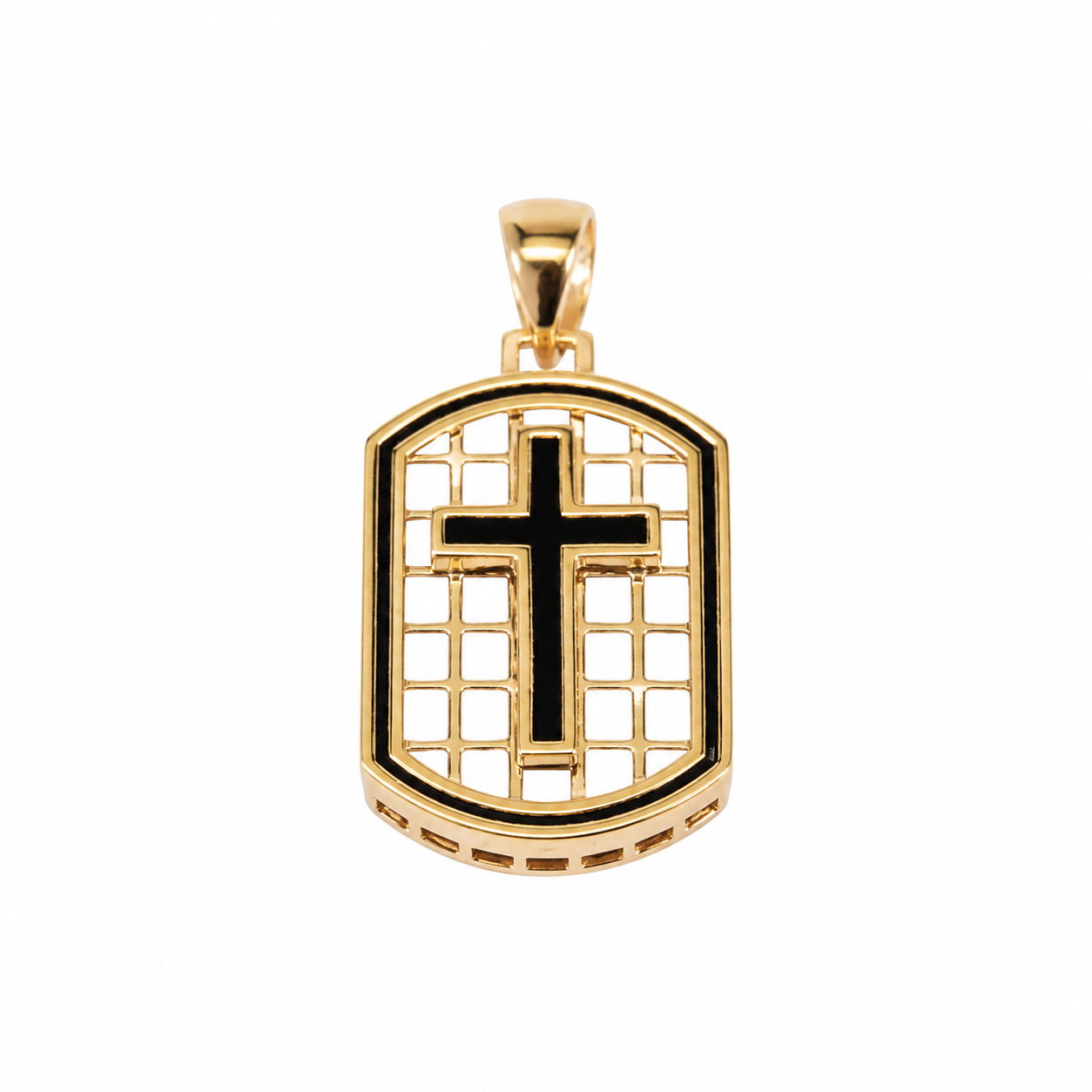 Privjesak od zlata 14KT u višebojnom tonu s križem, dimenzije 2 cm x 1.5 cm.