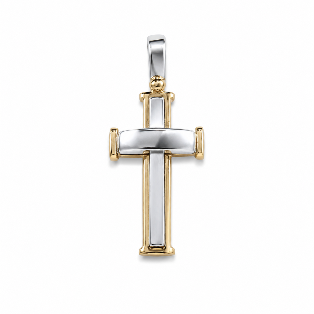 Privjesak križ od zlata 14KT u višebojnom tonu, dimenzije 3 cm x 1.5 cm.
