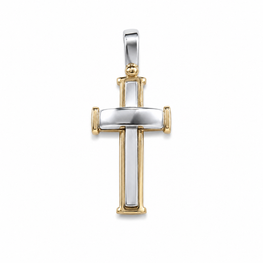 Privjesak križ od zlata 14KT u višebojnom tonu, dimenzije 3 cm x 1.5 cm.