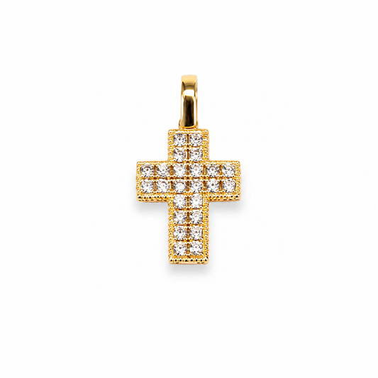 Privjesak križ od zlata 14KT u žutom tonu s cirkonima, dimenzije 1.5 cm x 1 cm.