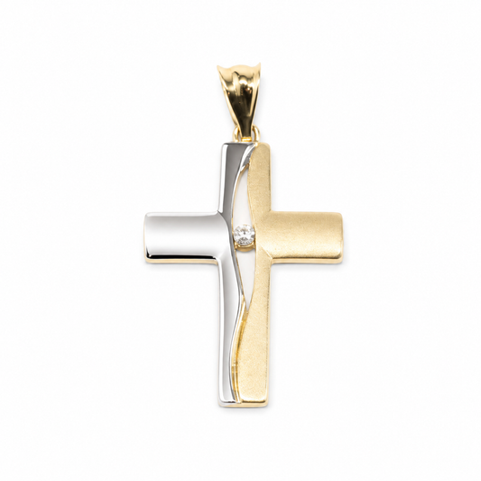 Privjesak križ od zlata 14KT u višebojnom tonu s cirkonom, dimenzije 2.5 cm x 1.5 cm.